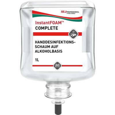 Eine durchsichtige 1-Liter-Nachfüllflasche mit 'Handdesinfektionsschaum auf Alkoholbasis' von SC Johnson Professional.