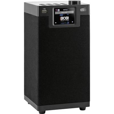 Schwarzer Lautsprecher mit digitalem Display, zeigt 'RADIO BOB! Rock'n Pop'. Oben befinden sich Tasten und ein USB-Anschluss.