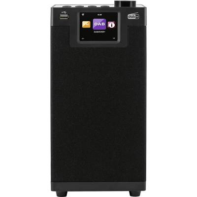 Schwarzes DAB+ Radio mit kleinem Display oben, das Senderinformationen anzeigt. Kompaktes Design mit Bedienknöpfen und USB-Anschluss.