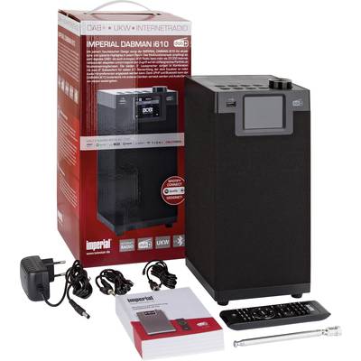 Eine Verpackung mit einem DAB+ und UKW-Internetradio, Modell Imperial Dabman i610. Zeigt das Radio, Zubehör und Handbücher.