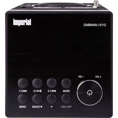 Schwarzes Digitalradio der Marke 'Imperial' mit Modellnummer 'DABMAN i610', mehreren Knöpfen auf der Vorderseite und Lautstärkeregler.