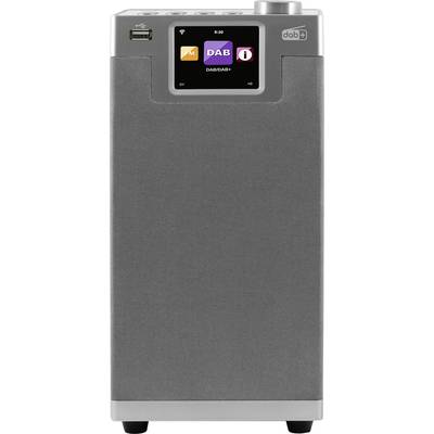 Ein graues DAB+ Radio mit kleinem Display oben, das verschiedene digitale Senderoptionen und eine USB-Schnittstelle anzeigt.