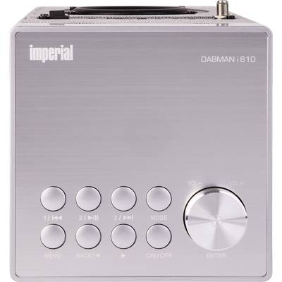 Digitales Radio Imperial Dabman i610, Vorderansicht: silbernes Gehäuse mit Knöpfen für Bedienung und großem Lautstärkeregler.