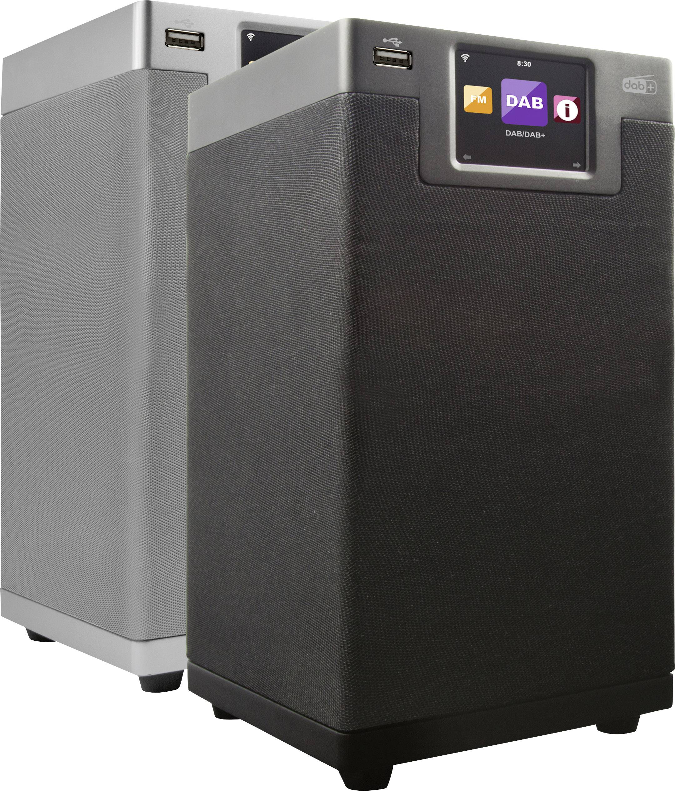 Zwei graue Lautsprecher mit Display an der Vorderseite. Einer zeigt ein 'DAB'-Logo. Sie stehen leicht versetzt zueinander.