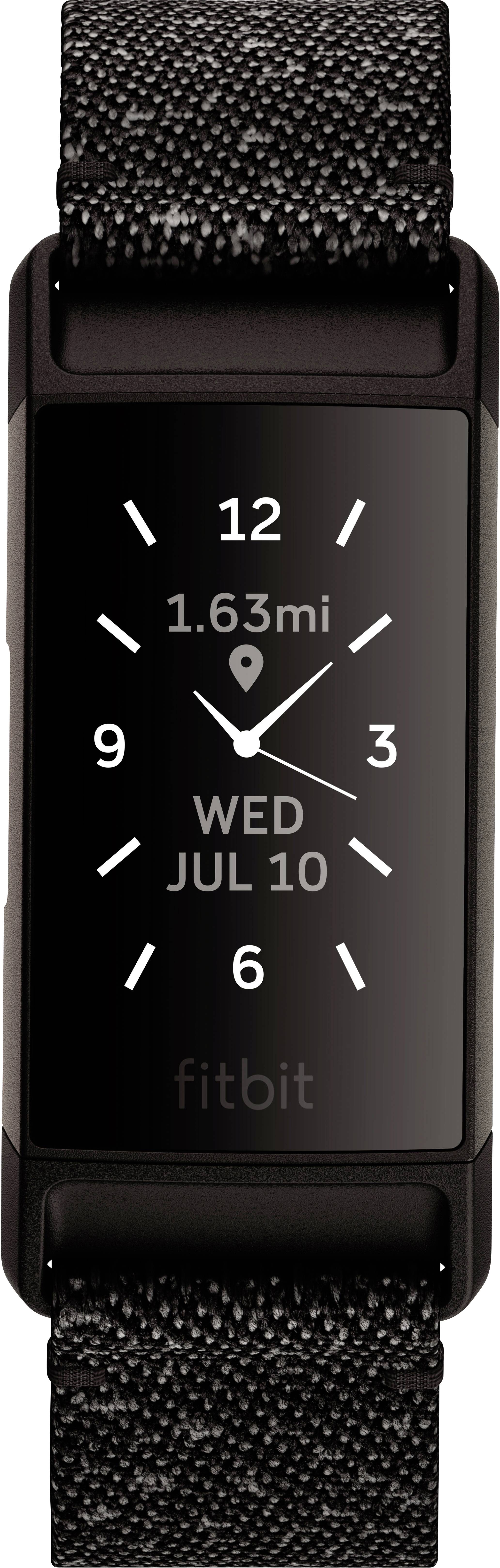 Schwarze Fitnessuhr mit Textanzeige '1.63 mi', aktuelle Uhrzeit und Datum 'Mi, 10. Jul'. Fitness-Tracker für Schritte und Herzfrequenz.