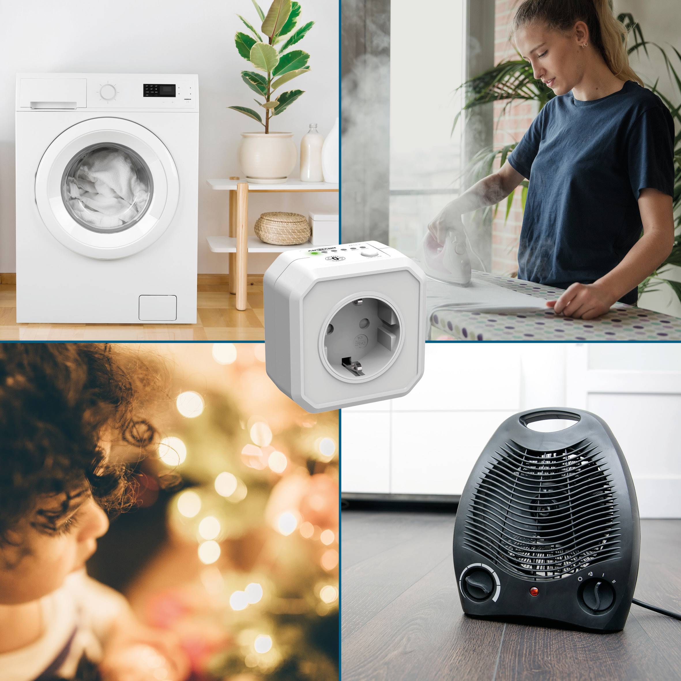'Collage: Waschmaschine mit Wäsche, Frau bügelt, Kind bei Lichtern, Steckdose und Heizlüfter auf Boden. Thematisiert Haushaltsgeräte.'
