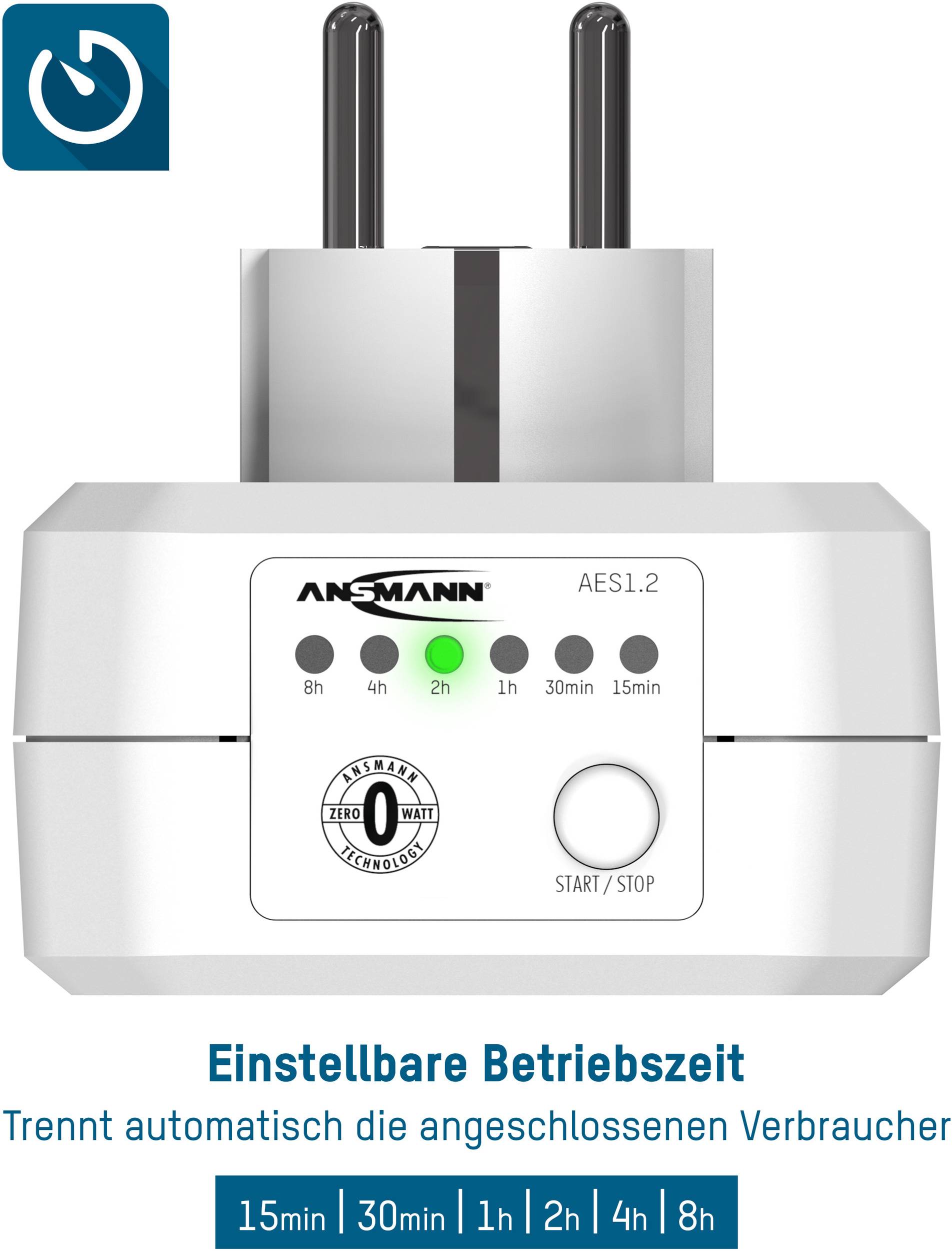 Steckdose mit einstellbarer Betriebszeit. Automatische Trennung nach 15 Min, 30 Min, 1h, 2h, 4h, 8h. Start/Stopp-Knopf vorhanden.