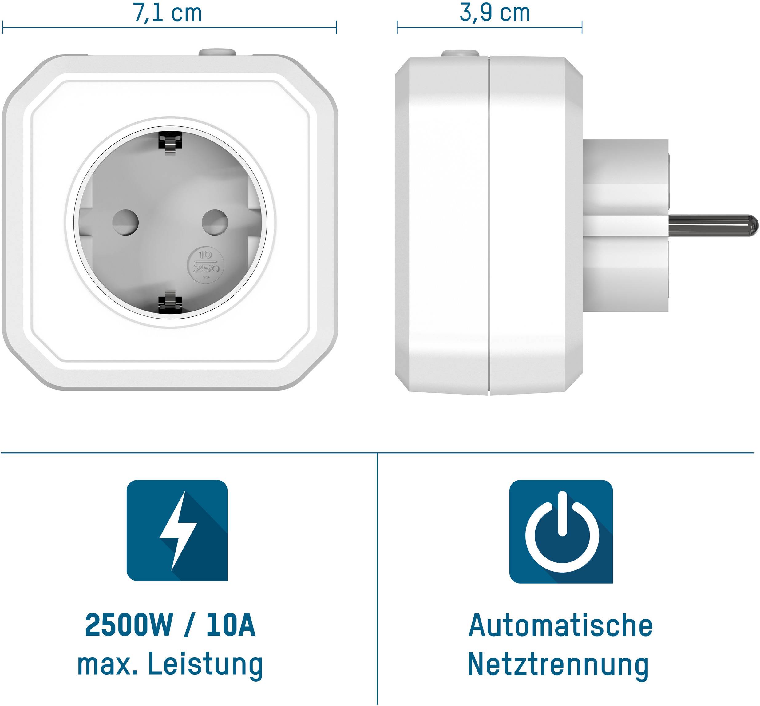Zwei Ansichten einer weißen Steckdose; links: Vorderansicht mit Maßen 7,1 x 3,9 cm; Symbole unten: '2500W / 10A max. Leistung' und 'Automatische Netztrennung'.