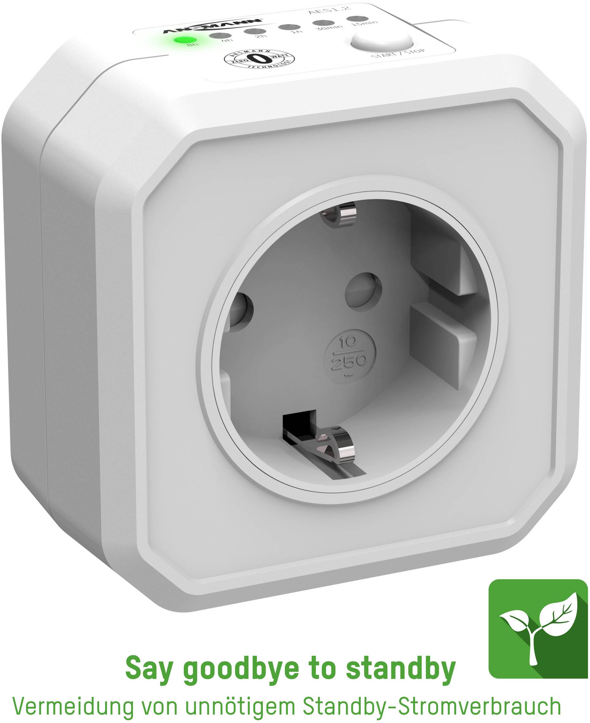 Weiße smarte Steckdose mit Energiesparfunktion, grünes Symbol mit Blattmotiv, Text 'Vermeidung von unnötigem Standby-Stromverbrauch'.