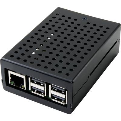 Kleiner schwarzer Computer mit Lüftungslöchern, Netzwerkanschluss und vier USB-Ports auf der Vorderseite. Gerät dient der Datenverarbeitung.