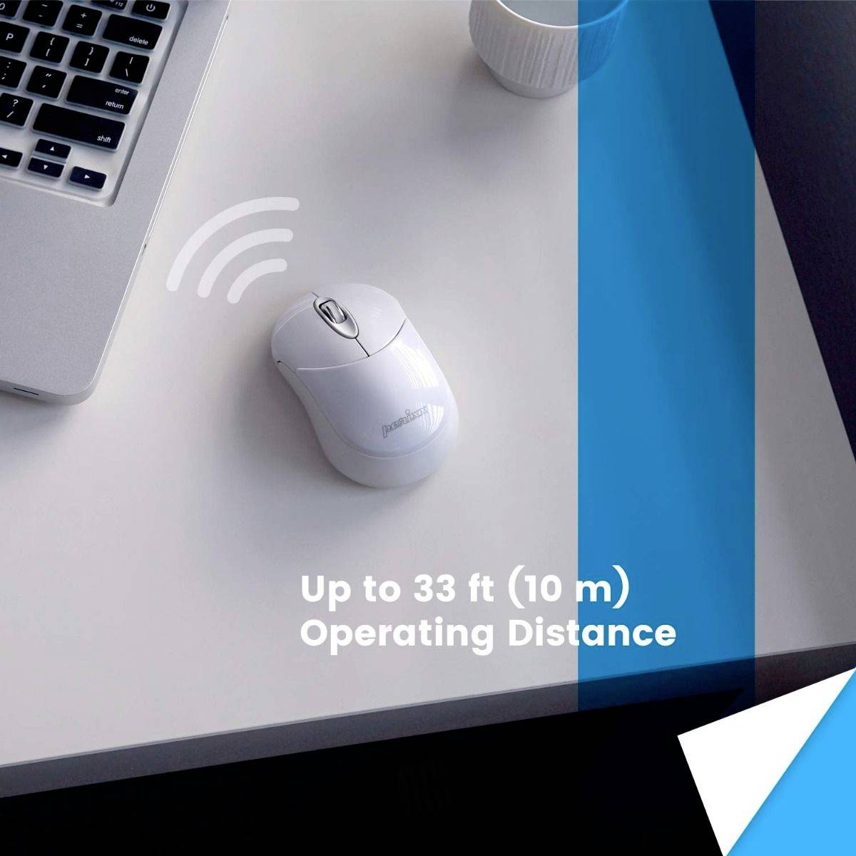 Kabellose Maus neben einem Laptop, mit Text 'Operating Distance Up to 33 ft (10 m)' und grafischer Darstellung der Funkentfernung.