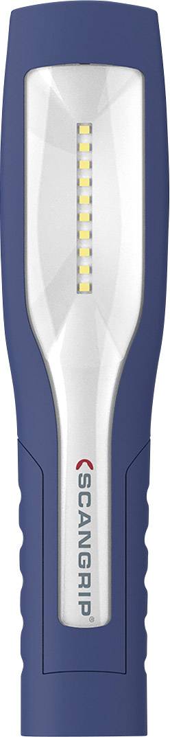 Blaue LED-Taschenlampe mit ergonomischem Griff und vertikalem Lichtstreifen in der Mitte. Marke 'Scangrip' auf der Vorderseite.