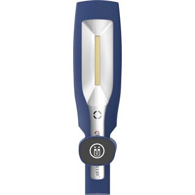 Kabelloses elektrisches Lockenstylinggerät in Blau und Silber, mit goldenem Heizelement und Einstellknopf unten.