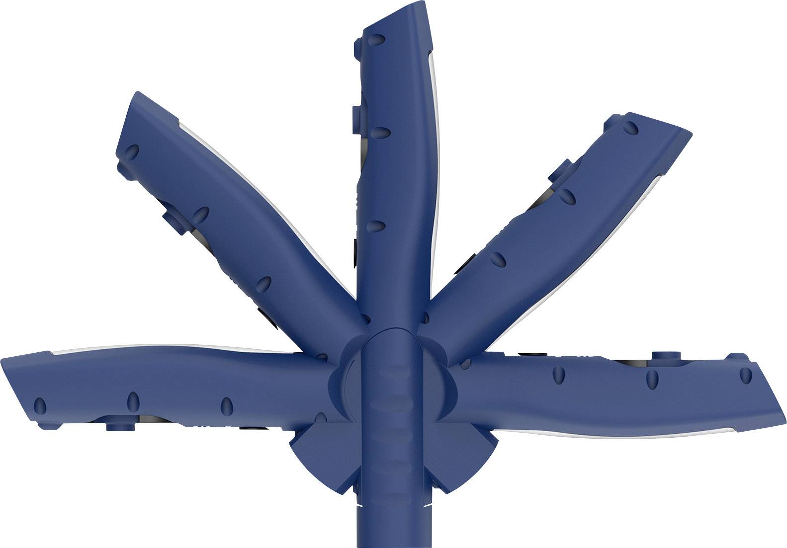 Blaues, skulpturales Objekt mit fünf ausstrahlenden Armen, die an mechanische Teile erinnern.