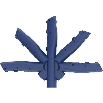 Blaues, skulpturales Objekt mit fünf ausstrahlenden Armen, die an mechanische Teile erinnern.