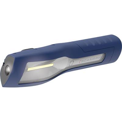 Blaue Taschenlampe mit seitlichem Logo, LED-Lichtleiste und ergonomischem Griff.