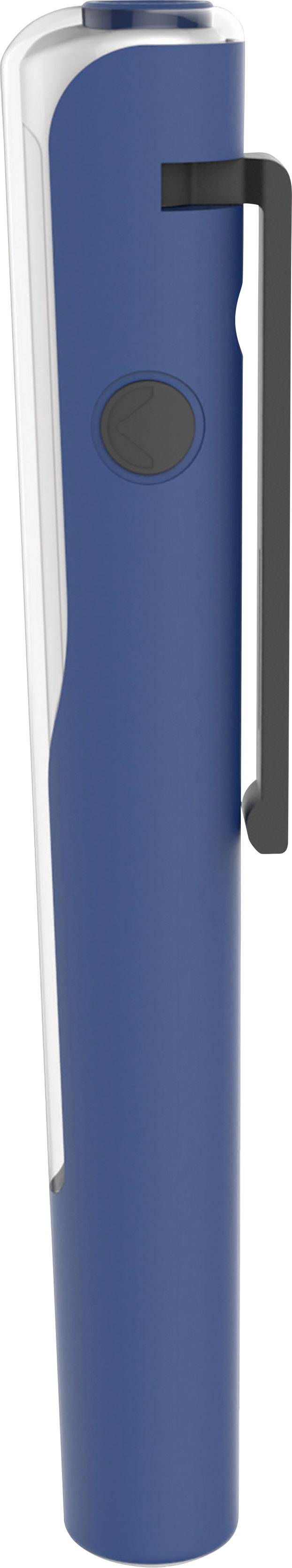 Ein blauer Kugelschreiber mit schwarzem Clip und Druckknopf. Der Stift ist vertikal abgebildet.