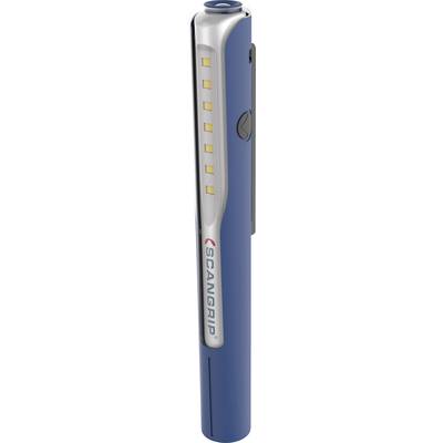 'Scangrip' LED-Taschenlampe, blau, mit Clip, kompakt und tragbar, zeigt gelbe LED-Lichtleiste entlang der Vorderseite.