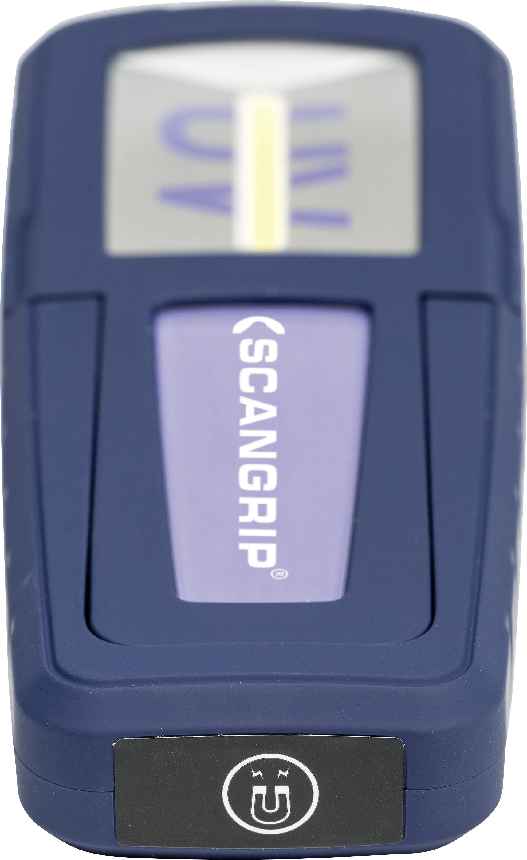 Das Bild zeigt ein blaues Gerät von oben mit der Aufschrift 'SCANGRIP'. Es handelt sich wahrscheinlich um eine UV-Lampe oder ein ähnliches Werkzeug.