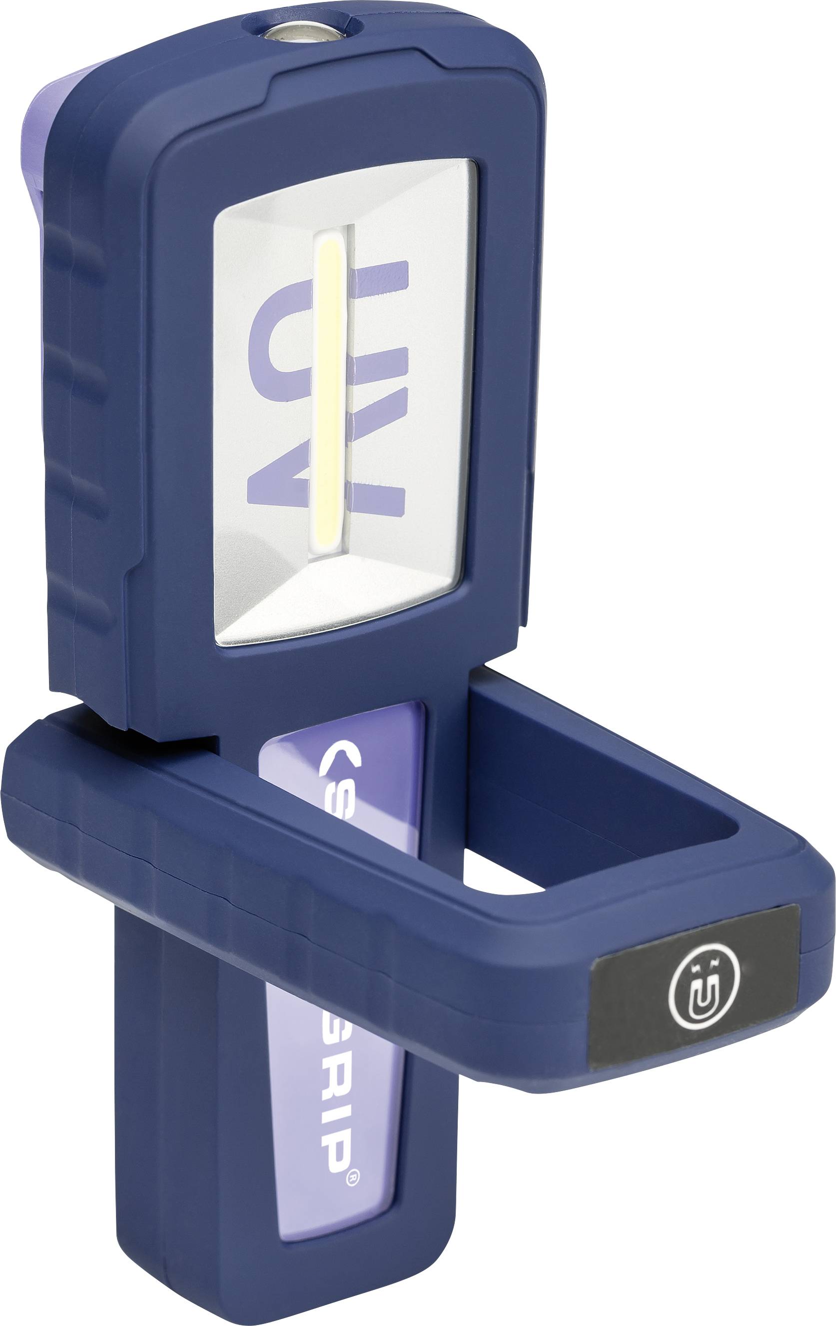 Tragbare LED-Arbeitslampe in Dunkelblau mit Clip und UV-Licht.