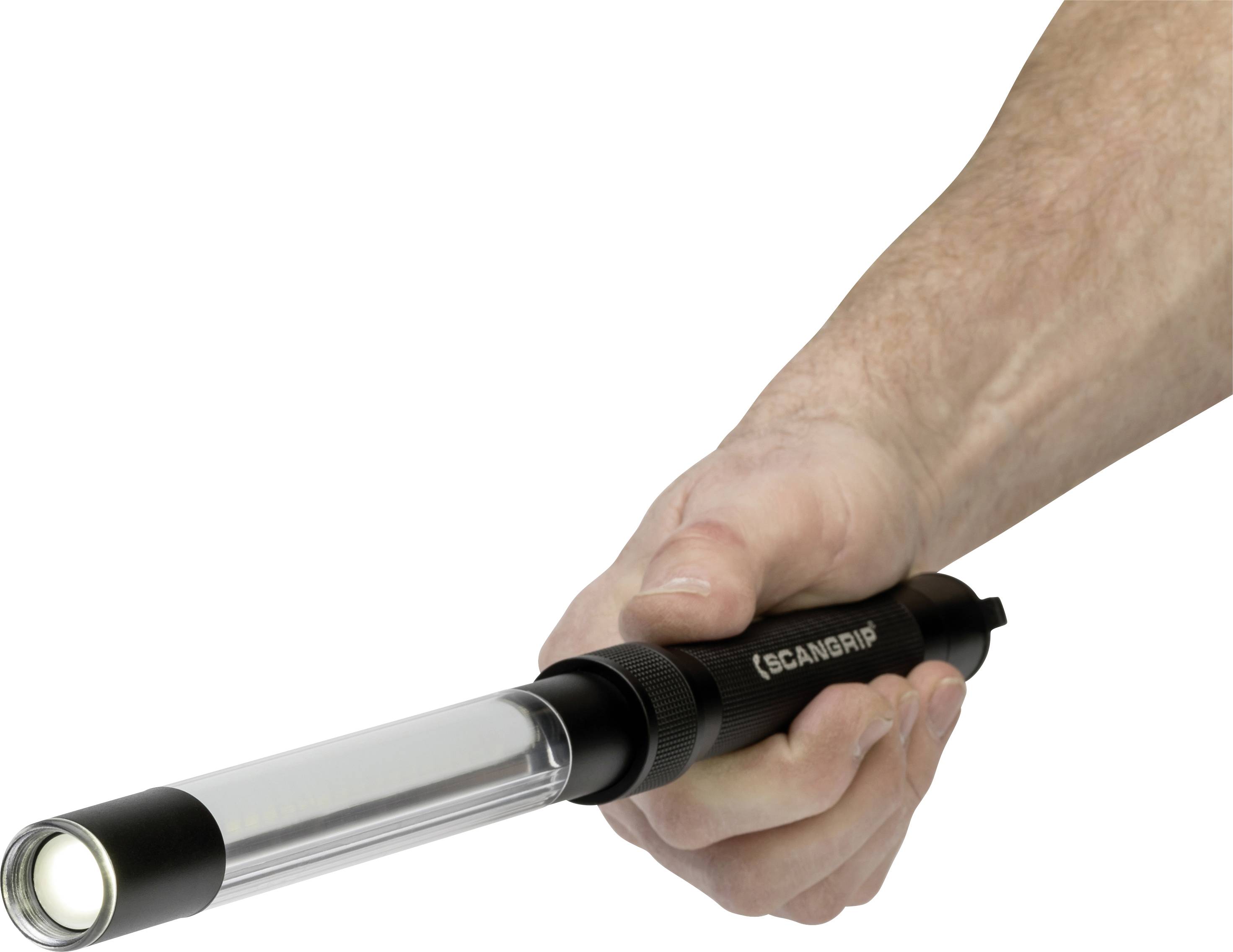 Hand hält eine Handlampe mit langem Griff und leuchtendem Ende.