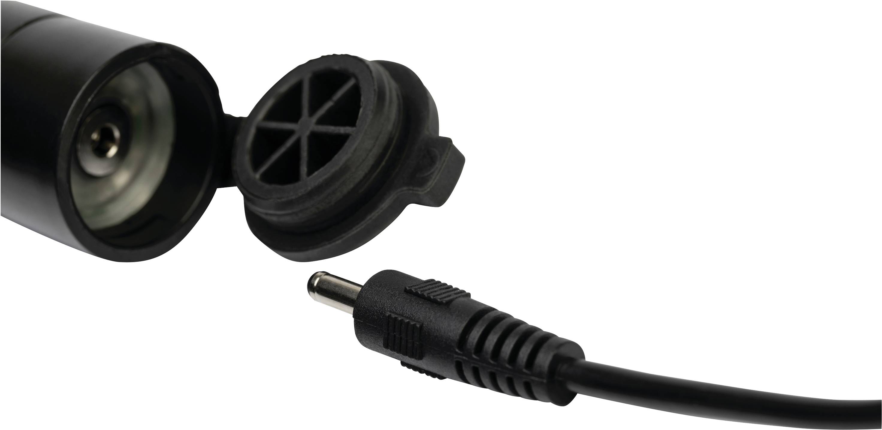 Ein offener Behälterdeckel mit einem Netzfilter zeigt die Öffnung; daneben befindet sich ein schwarzes Stromkabel mit einem Stecker.