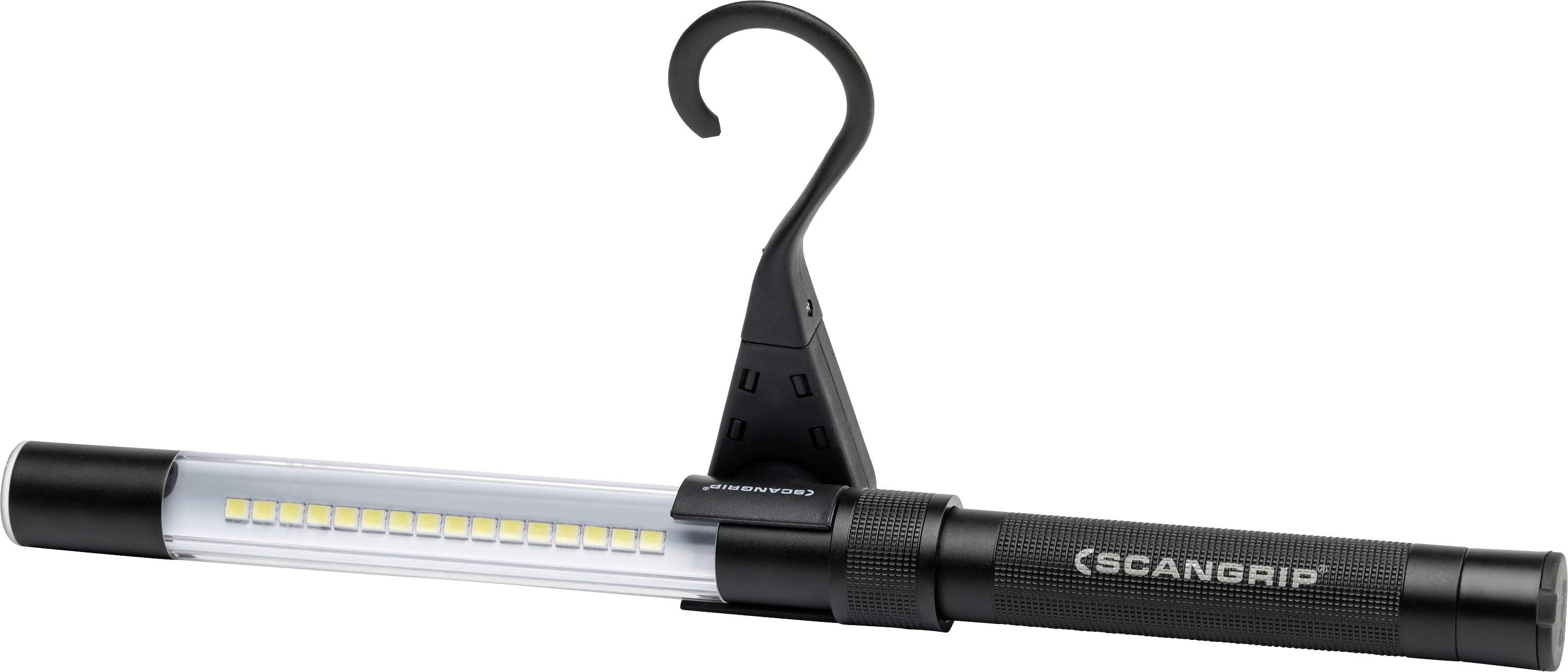 Eine tragbare LED-Arbeitsleuchte von Scangrip mit Haken zum Aufhängen, geeignet für vielseitige Beleuchtungseinsätze.