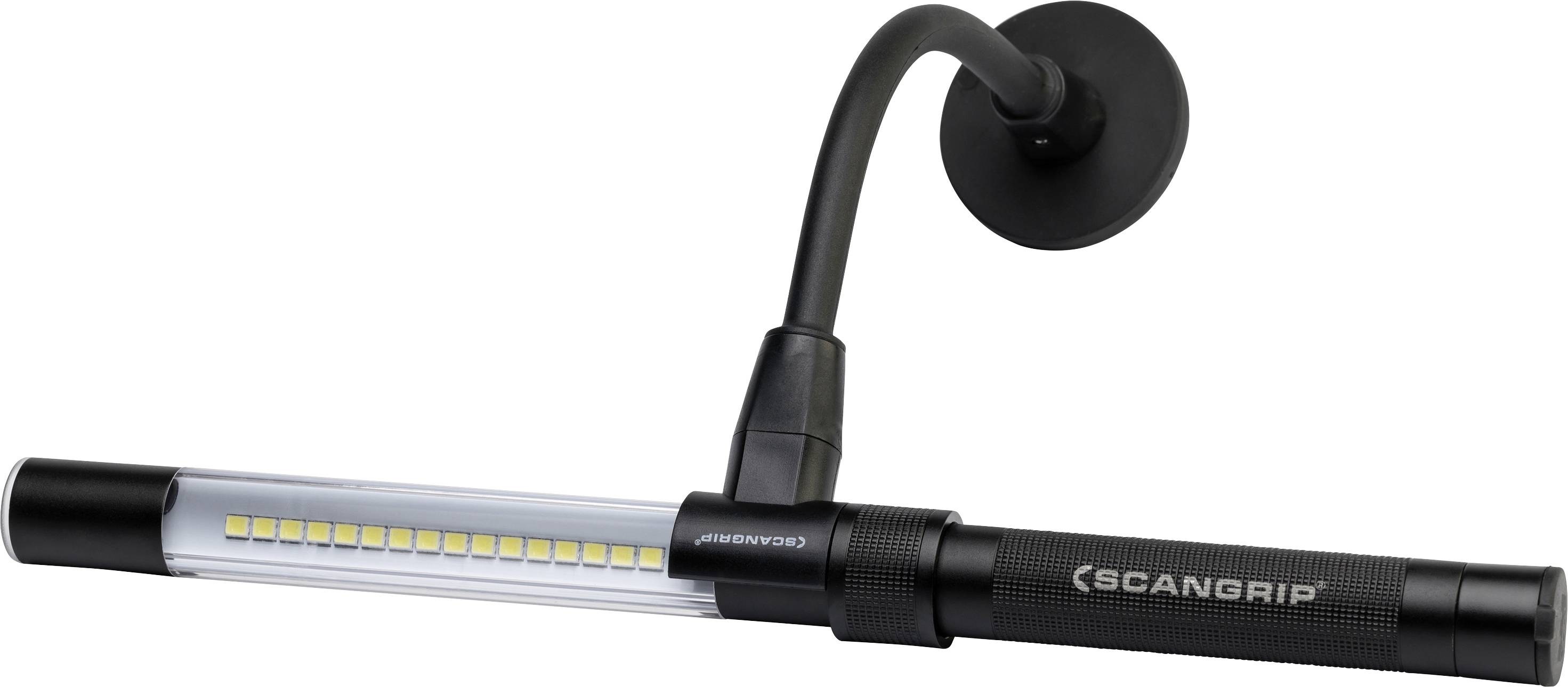 'Scangrip' Arbeitslicht mit flexiblem Halterungsarm und LED-Leiste, ideal für präzise Beleuchtung in Werkstattumgebungen.