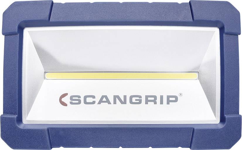 Blau-weiße Arbeitslampe mit gelbem LED-Streifen, markiert mit 'SCANGRIP'.