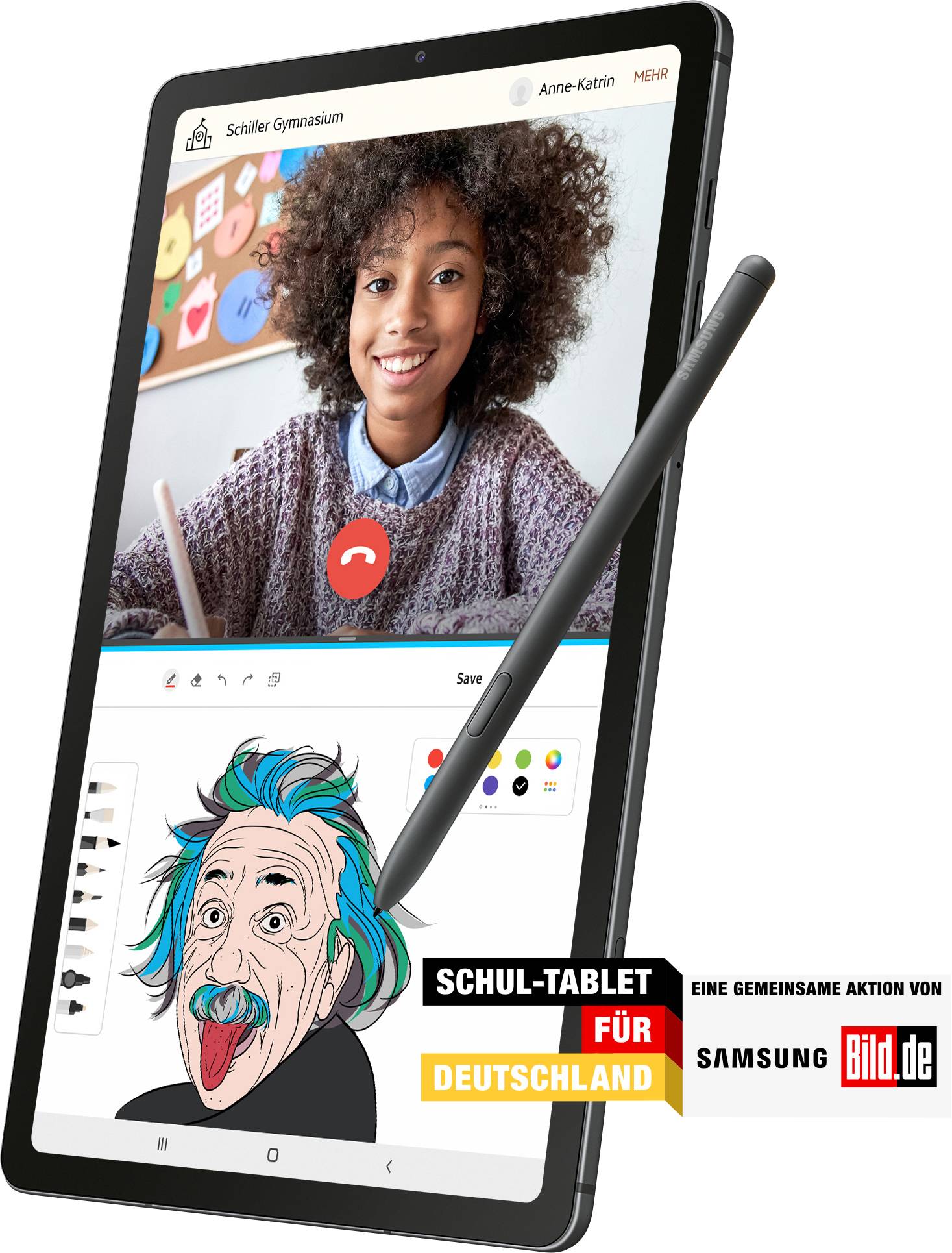 Tablet mit Videokonferenz einer Lehrerin und Schüler, darunter eine Zeichnung von Einstein. Text: 'Schul-Tablet für Deutschland'.