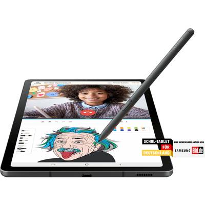 'Schultablet mit Zeichnung von Albert Einstein und Videoanruf eines Kindes. Teil der Aktion "Schul-Tablet für Deutschland".'