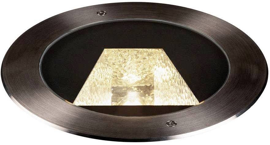 Runde, bodenbündig installierte Außenleuchte mit Metallrahmen und beleuchtetem, facettiertem Glaselement in der Mitte.
