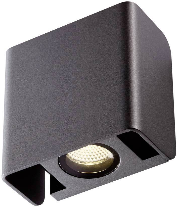 Moderne schwarze Wandlampe mit quadratischem Design und integriertem LED-Licht, geeignet für Innen- und Außeneinsatz.