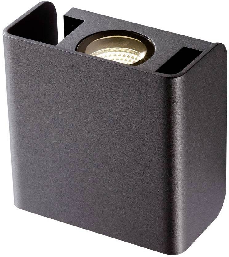 Eine schwarze, quadratische Wandleuchte mit einer runden LED-Glühlampe, die nach oben und unten leuchtet.