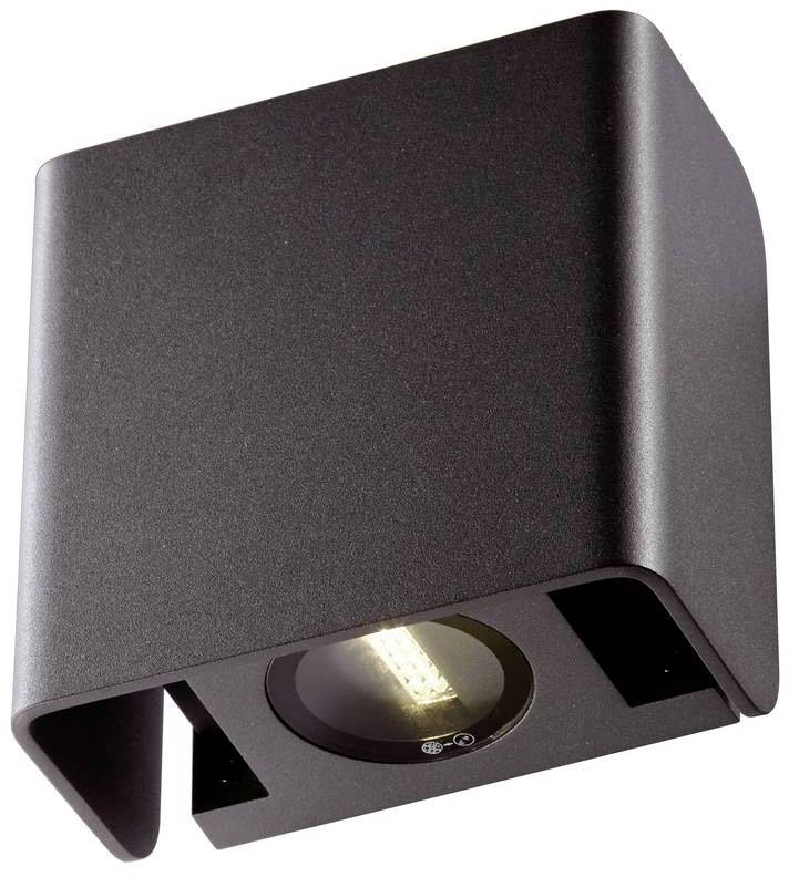 Eine schwarze, viereckige Wandleuchte mit nach unten gerichtetem Licht, geeignet für moderne Innenräume.