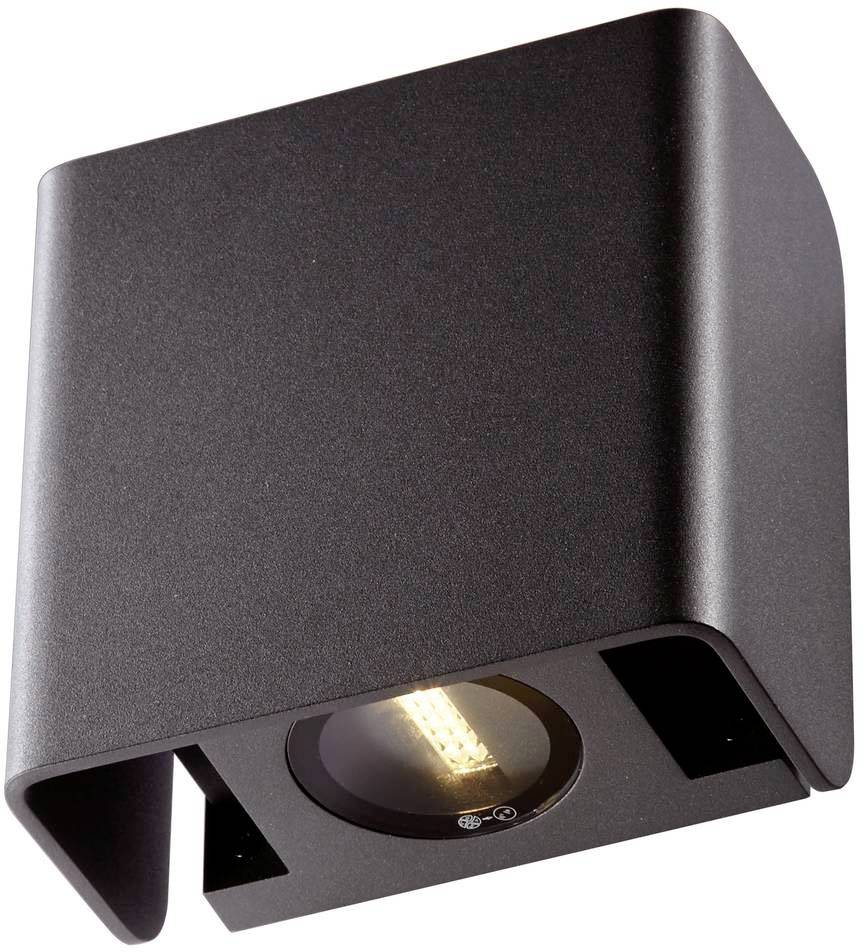 Eine moderne, schwarze LED-Wandlampe mit quadratischem Design und sichtbarer Leuchteinheit unten, geeignet für Wohn- oder Büroräume.