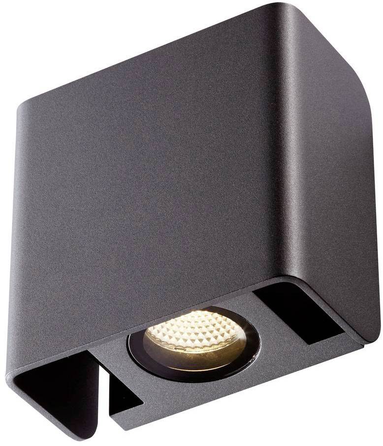 Schwarze, quadratische Deckenleuchte mit integriertem LED-Spot, der nach unten leuchtet. Minimalistisches Design für moderne Räume.