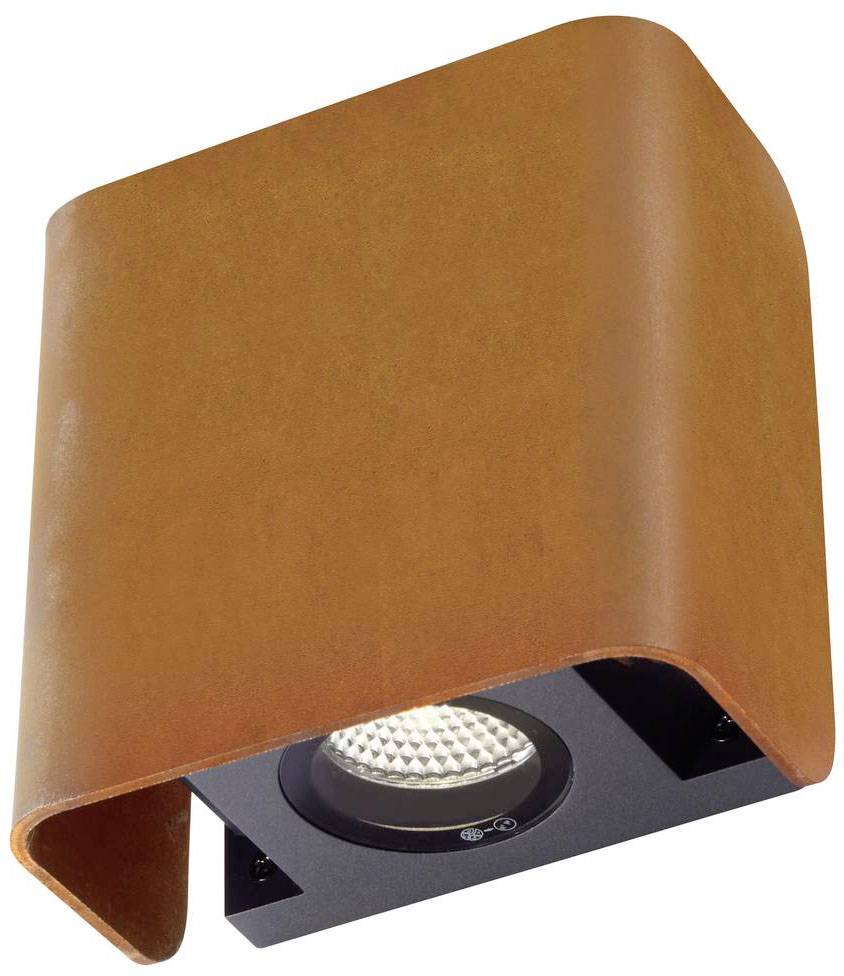 Wandleuchte aus rostfarbenem Metall mit modernem Design und nach unten gerichtetem LED-Licht. Ideal für stimmungsvolle Beleuchtung.