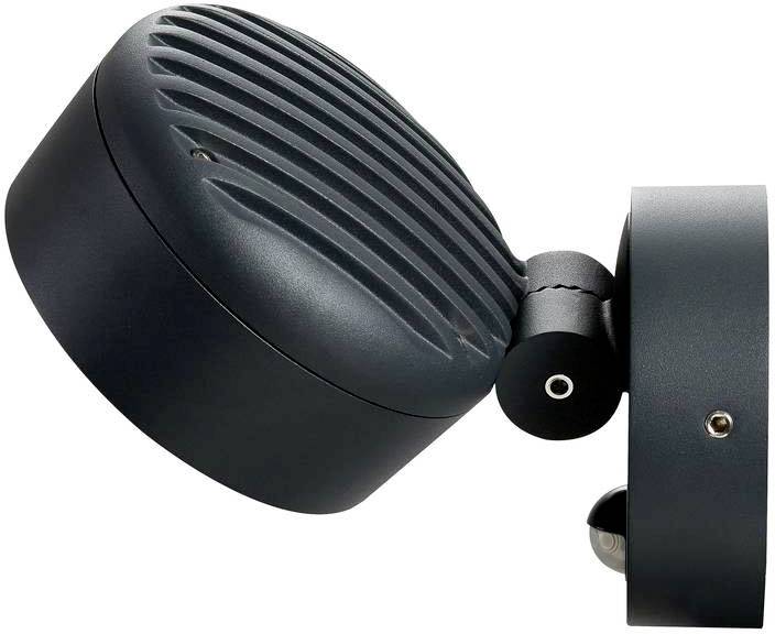 Schwarze, zylinderförmige Wandlampe mit gerippter Oberfläche, seitlich montiert. Geeignet für moderne Innenräume.