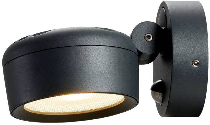 Schwarze, runde Außenwandleuchte mit schwenkbarem Kopf und warmweißem Licht.