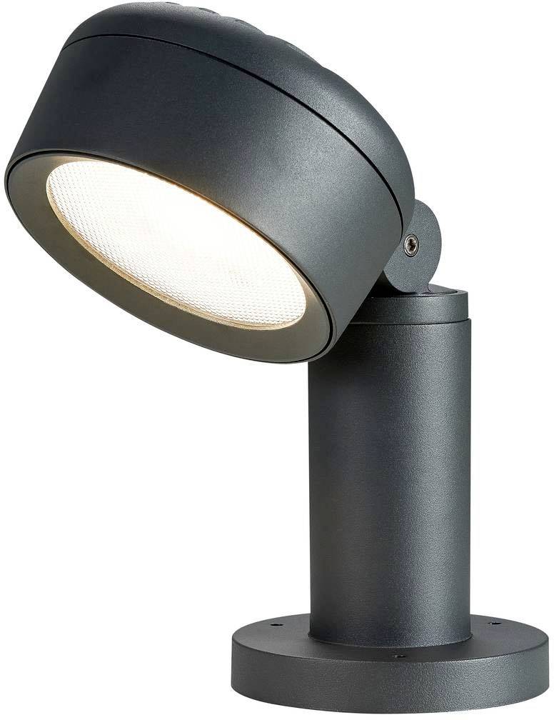 Dunkelgraue Außenleuchte mit einem schwenkbaren LED-Kopf, geeignet für Garten- und Wegbeleuchtung.