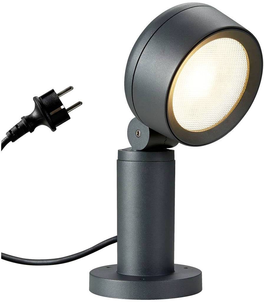 Schwarze, moderne Tischlampe mit rundem, verstellbarem Schirm und Steckerkabel, leuchtet warmweißes Licht aus.