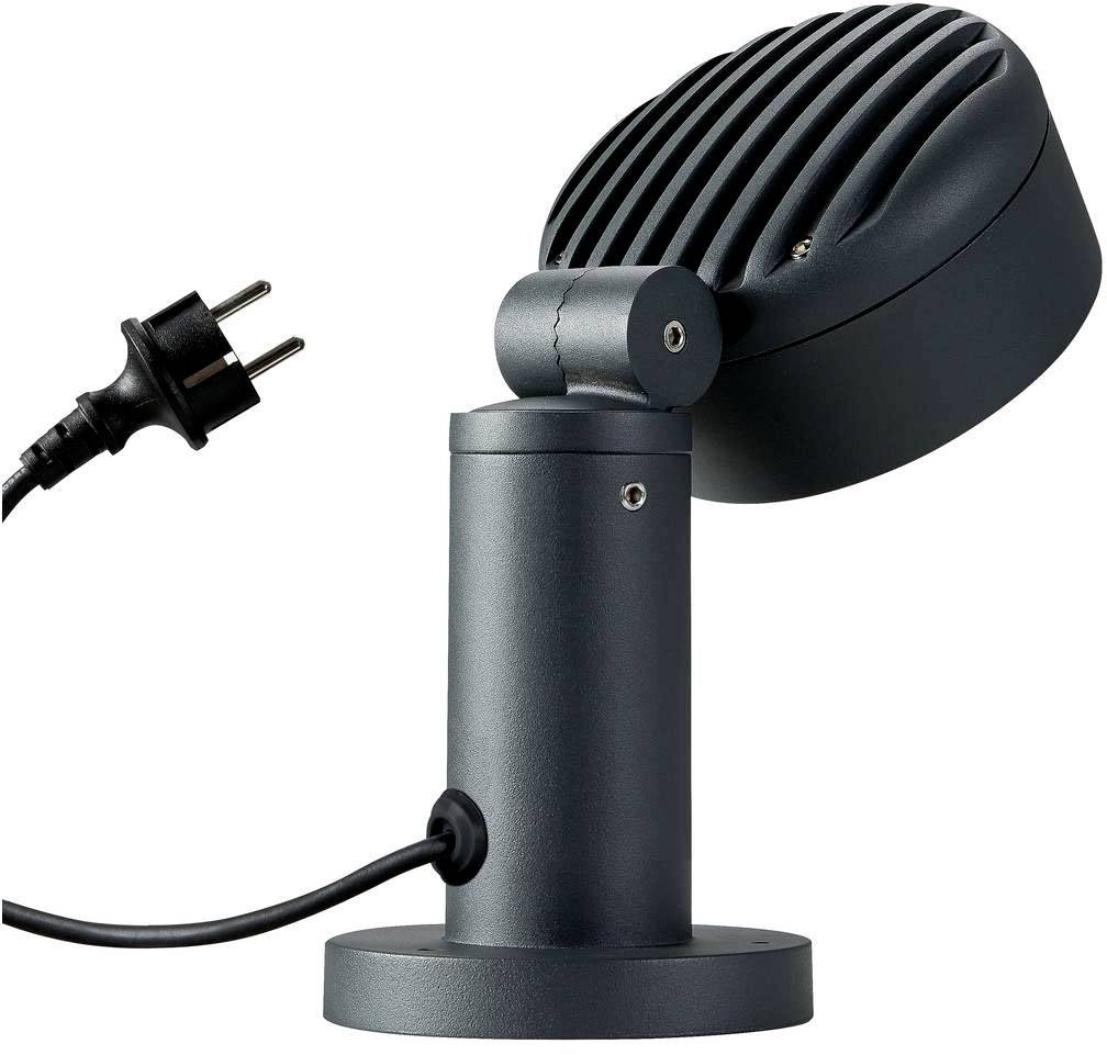 Ein schwarzer, zylinderförmiger LED-Spotstrahler in einer schwenkbaren Halterung mit einem kurzen Stromkabel und Stecker.