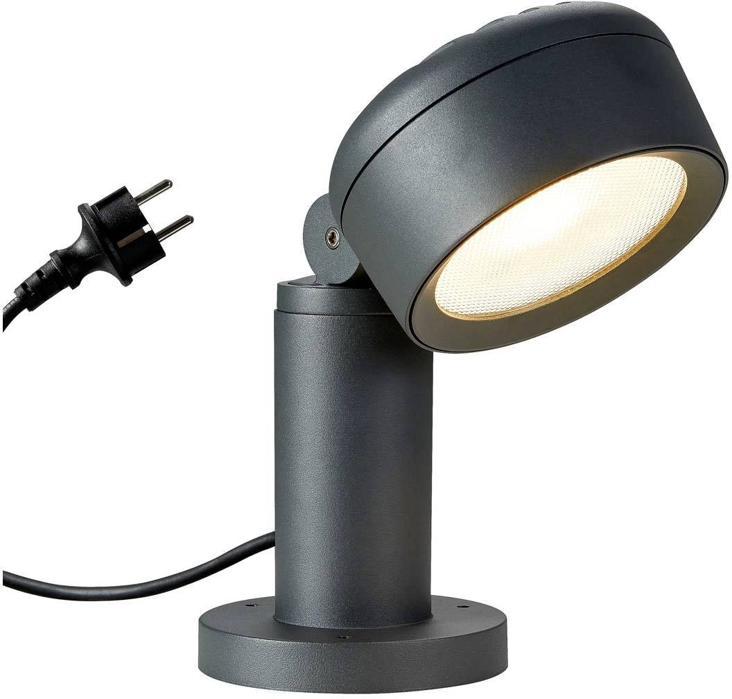 Eine moderne, schwarze Außenleuchte mit rundem, neigbarem Lampenschirm und Netzstecker. Geeignet für die Beleuchtung von Wegen oder Gärten.