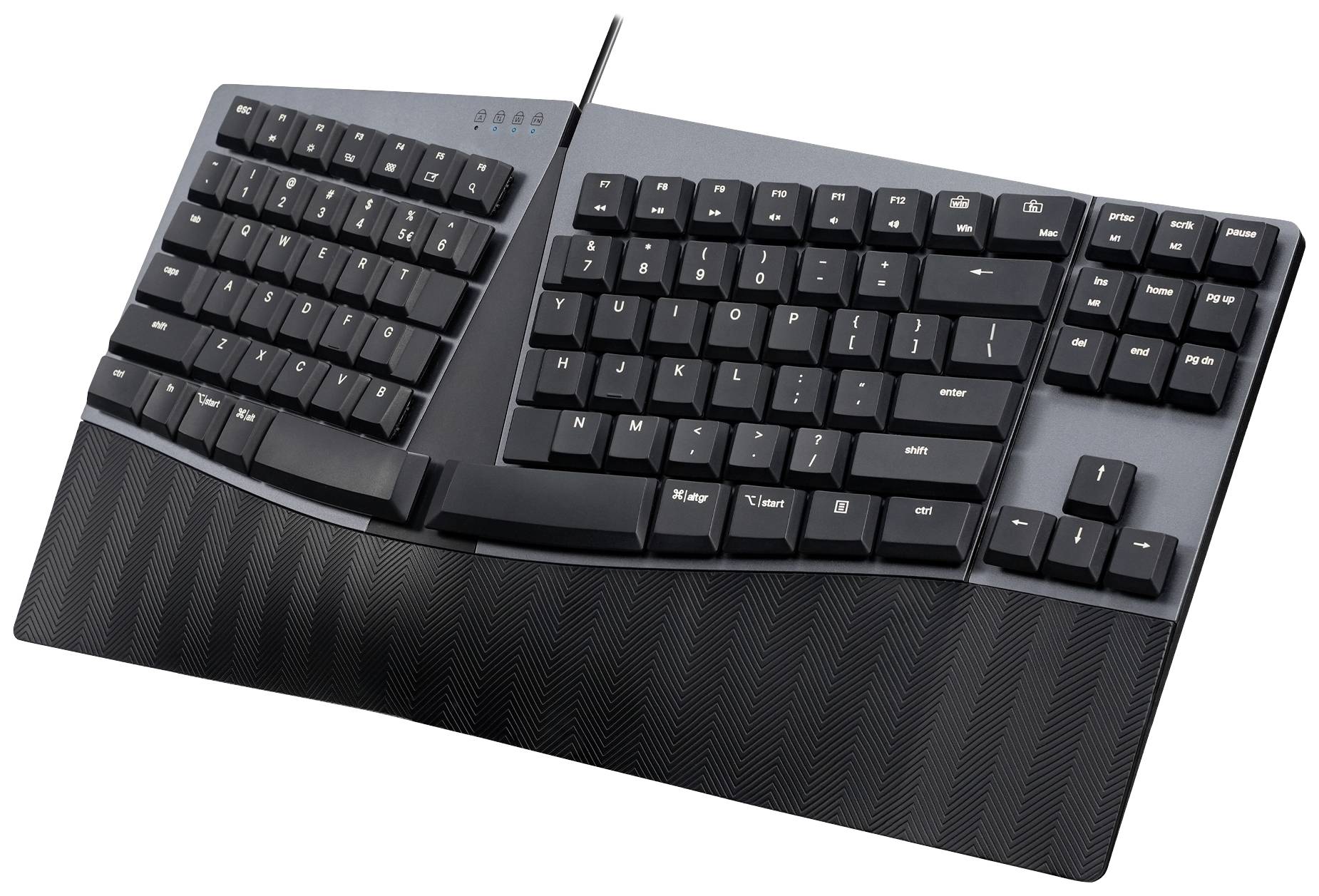 Eine ergonomisch geteilte Tastatur mit erhöhten Tasten und Handballenauflage, designed zur Unterstützung der Handhaltung beim Tippen.