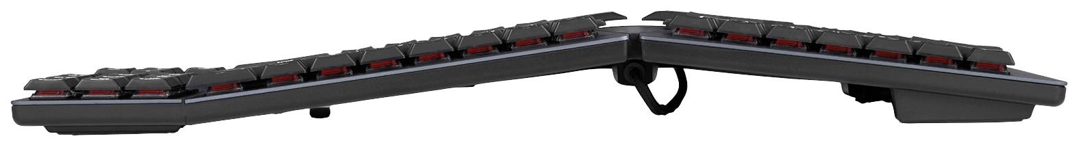 Ergonomische Tastatur mit geteilter, neigbarer Mittelachse und erhöhtem Profil für komfortables Tippen.