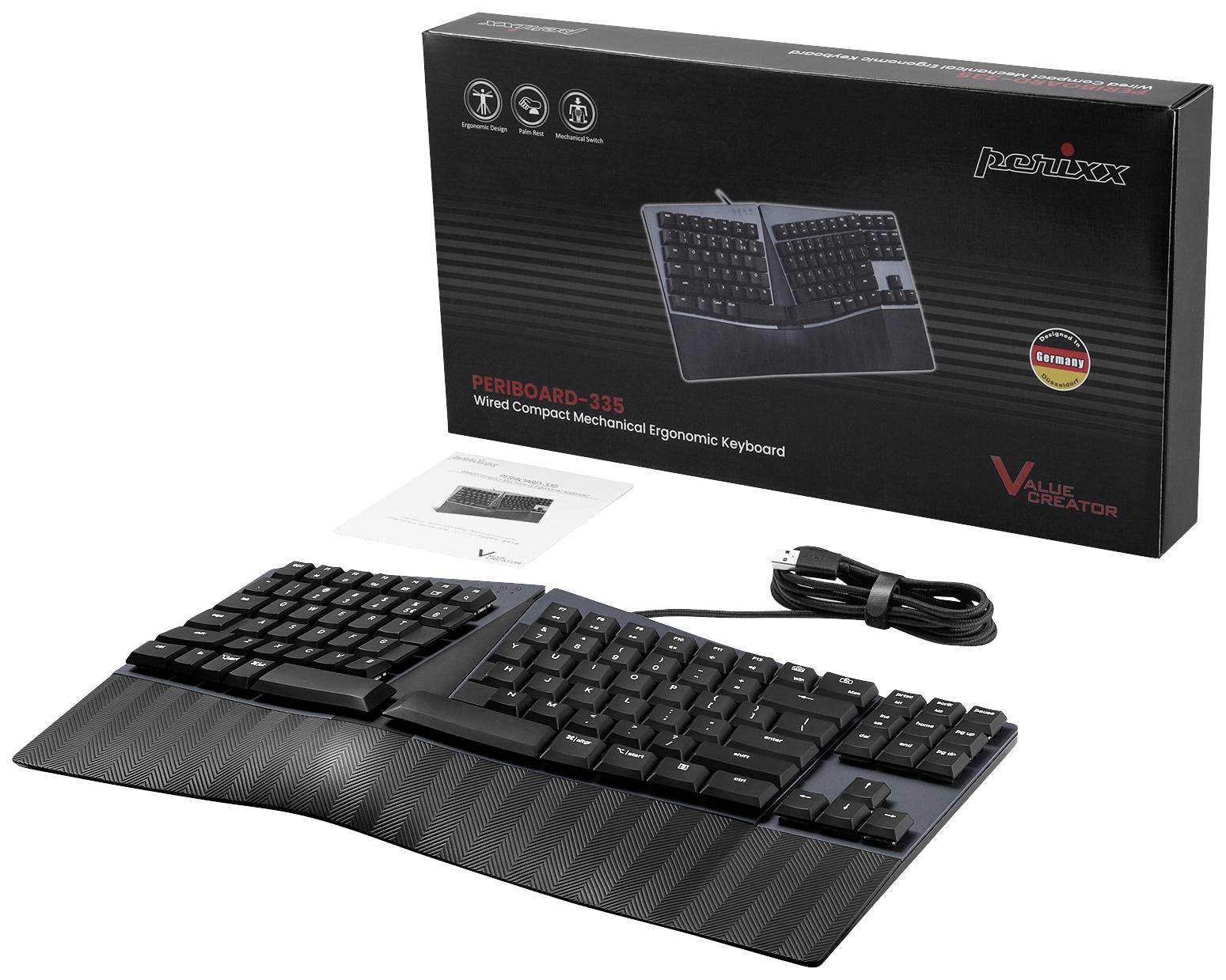 Geteilte ergonomische Tastatur mit Verpackung, USB-Kabel und Handbuch, betont Komfort und Effizienz am Arbeitsplatz.