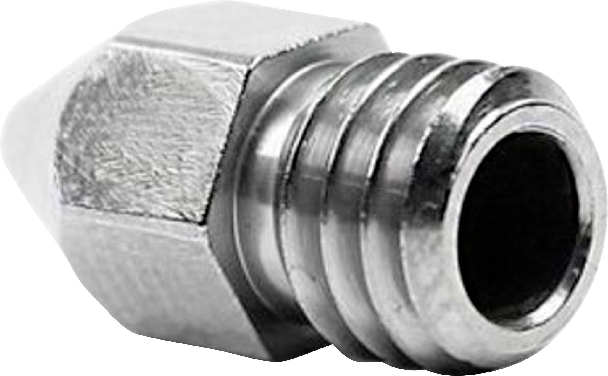 Ein silbernes Metallverbindungsstück mit sechseckigem Ende und geripptem Zylinder, oft für Schläuche oder Rohre verwendet.