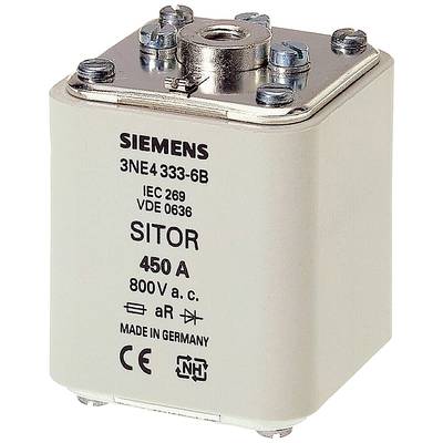 Sicherungseinsatz von Siemens, Modell 3NE4 333-6B, Sitor 450A, 800V AC, gefertigt in Deutschland, mit CE- und VDE-Kennzeichnung.