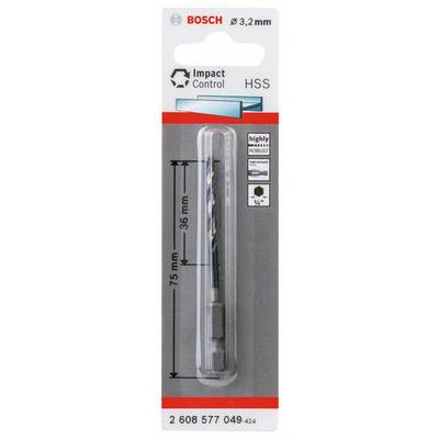 Bohrer-Set von Bosch, Ø 3,2 mm, HSS, geeignet für Beton. Verpackung zeigt Maße von 75 mm Länge und 36 mm Breite.